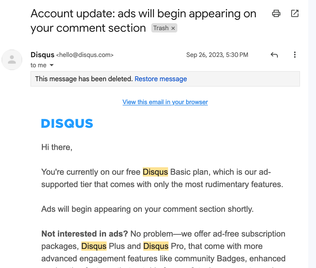 Screenshot of the mail from Disqus saying they have introduced ads.