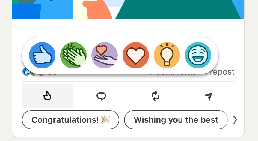 A screenshot from LinkedIn showing the positive-only (emoji) reactions I can pick from.